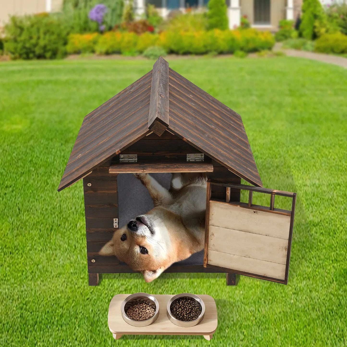Wooden Dog House With Window And Door For Indoor Outdoor