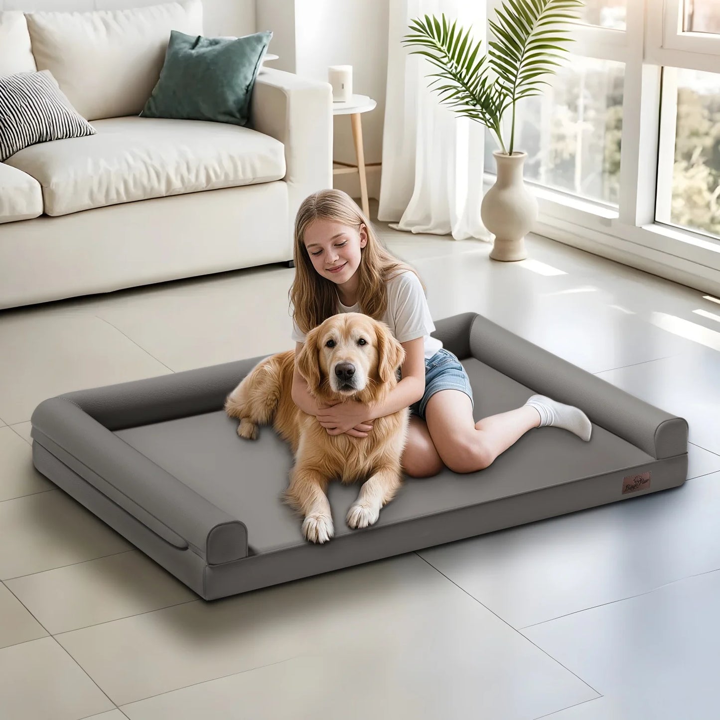 Microfiber Leather Dog Bed With Bolster And Foam Base