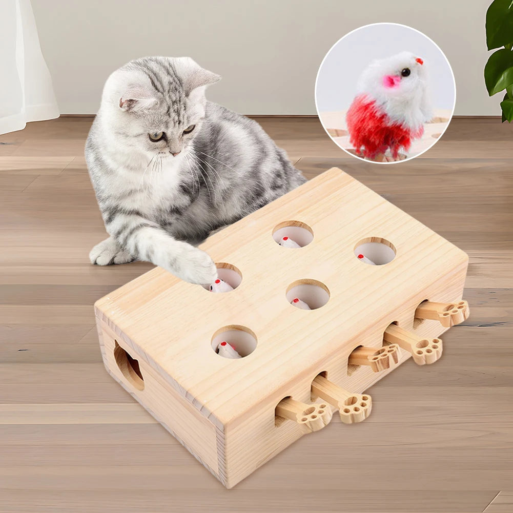 Wooden Cat Toy Interactive Whack A Mole Brain Teaser Box