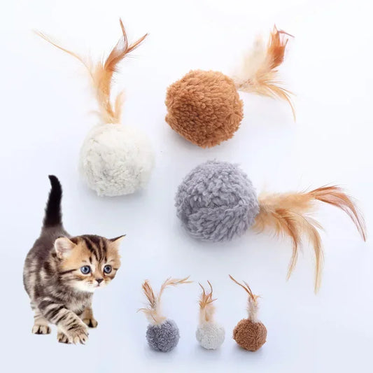 Cat Plush Ball With Feathers Interactive Toy For Pets