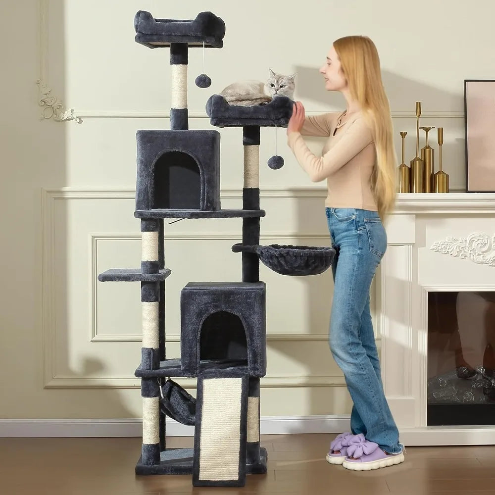 Cat Tree 70 Inch Tree Tower With Hammock Scratching Post Condo And Multi Level Tower Large Activity Center Playhouse