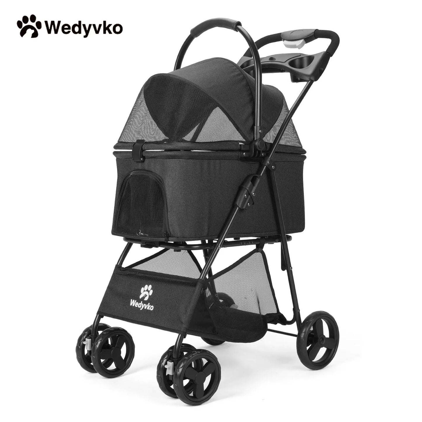 Wedyvko Luxury Detachable Pet Stroller With Cup Holder Four Wheel Travel Dog Cart Outdoor Carrier Bag