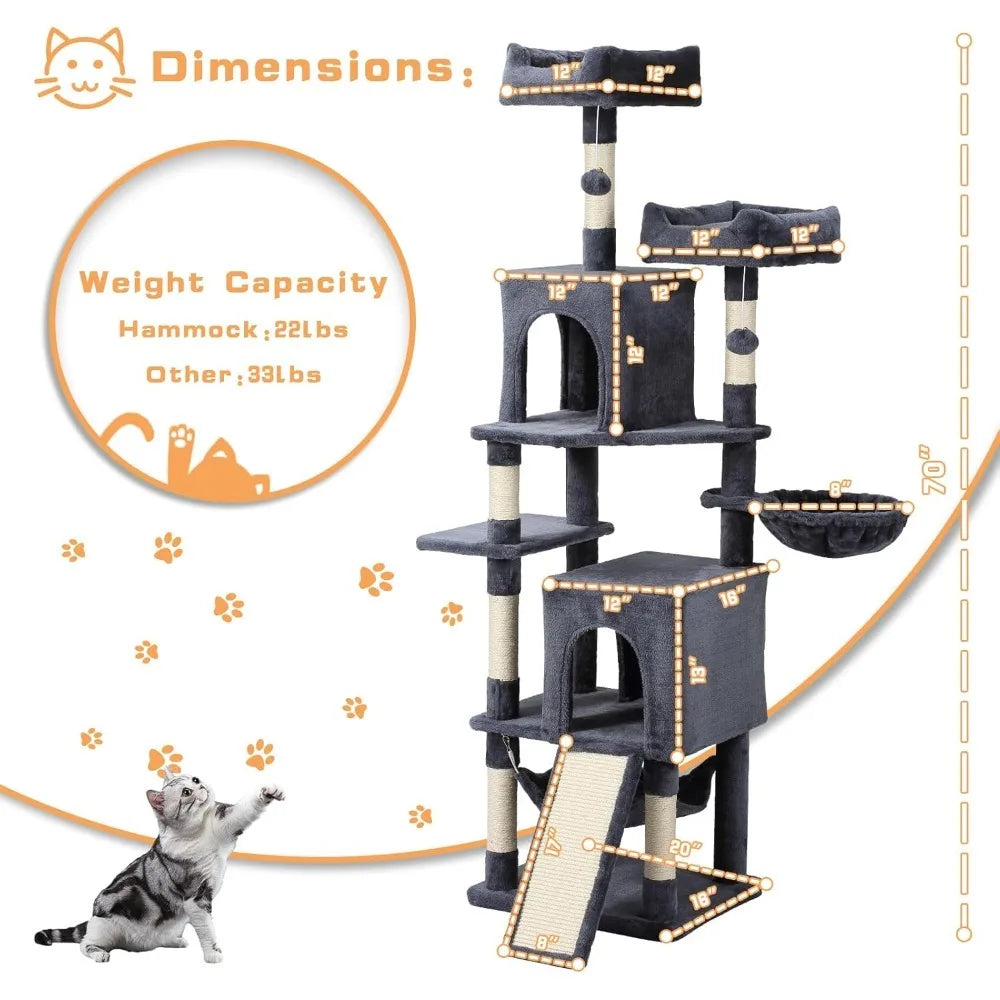 Cat Tree 70 Inch Tree Tower With Hammock Scratching Post Condo And Multi Level Tower Large Activity Center Playhouse