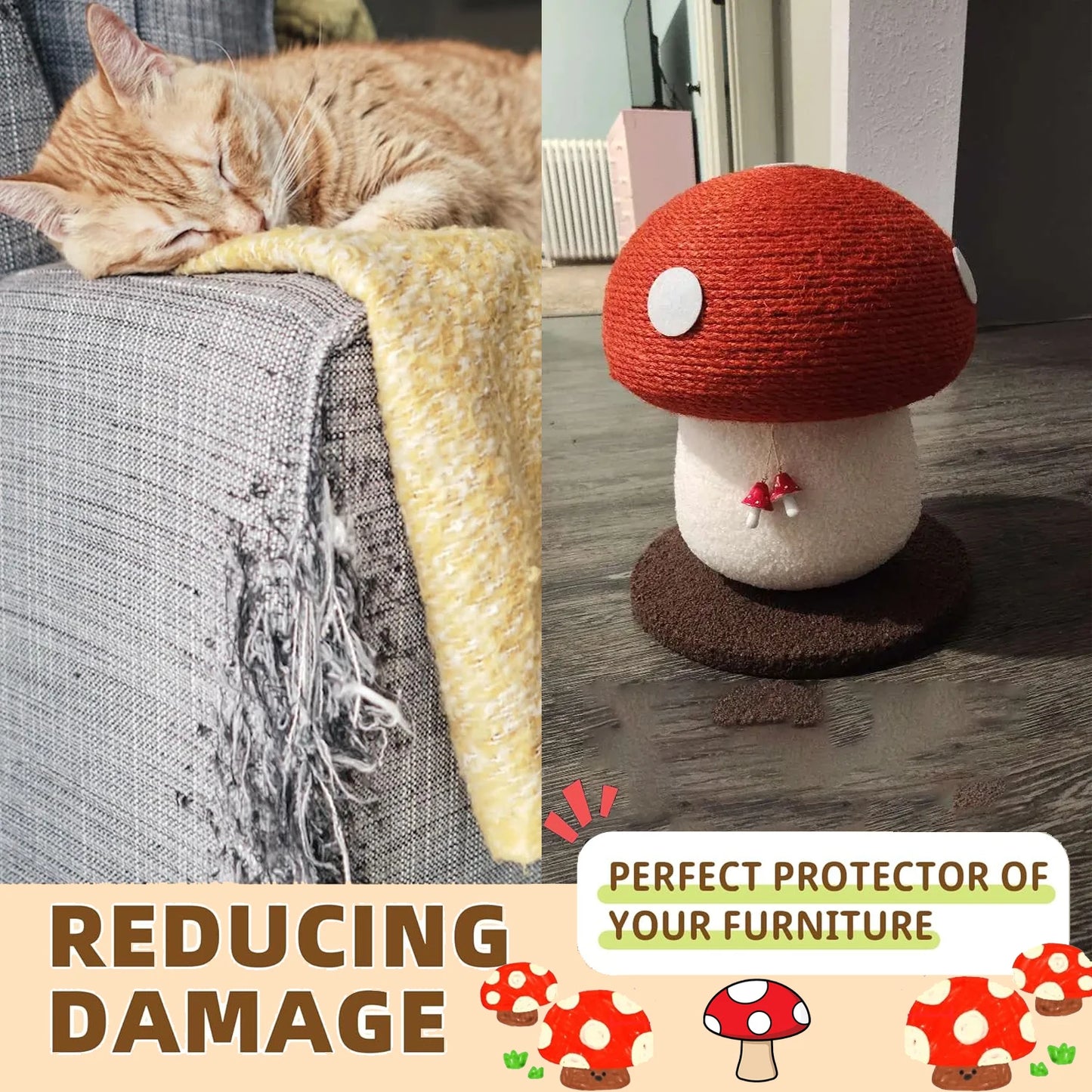 Red Mushroom Shaped Sisal Cat Scratching Post Durable
