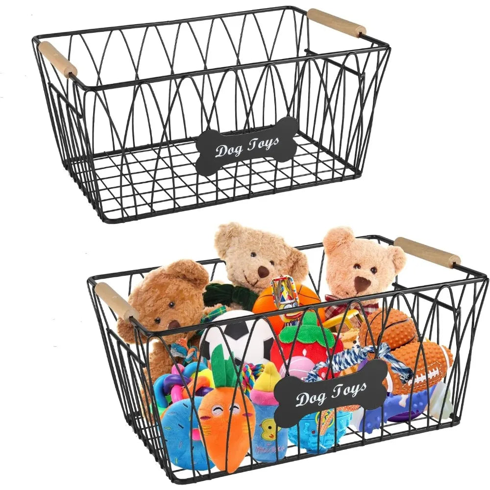Metal Dog Toy Basket With Wooden Handle Large Capacity