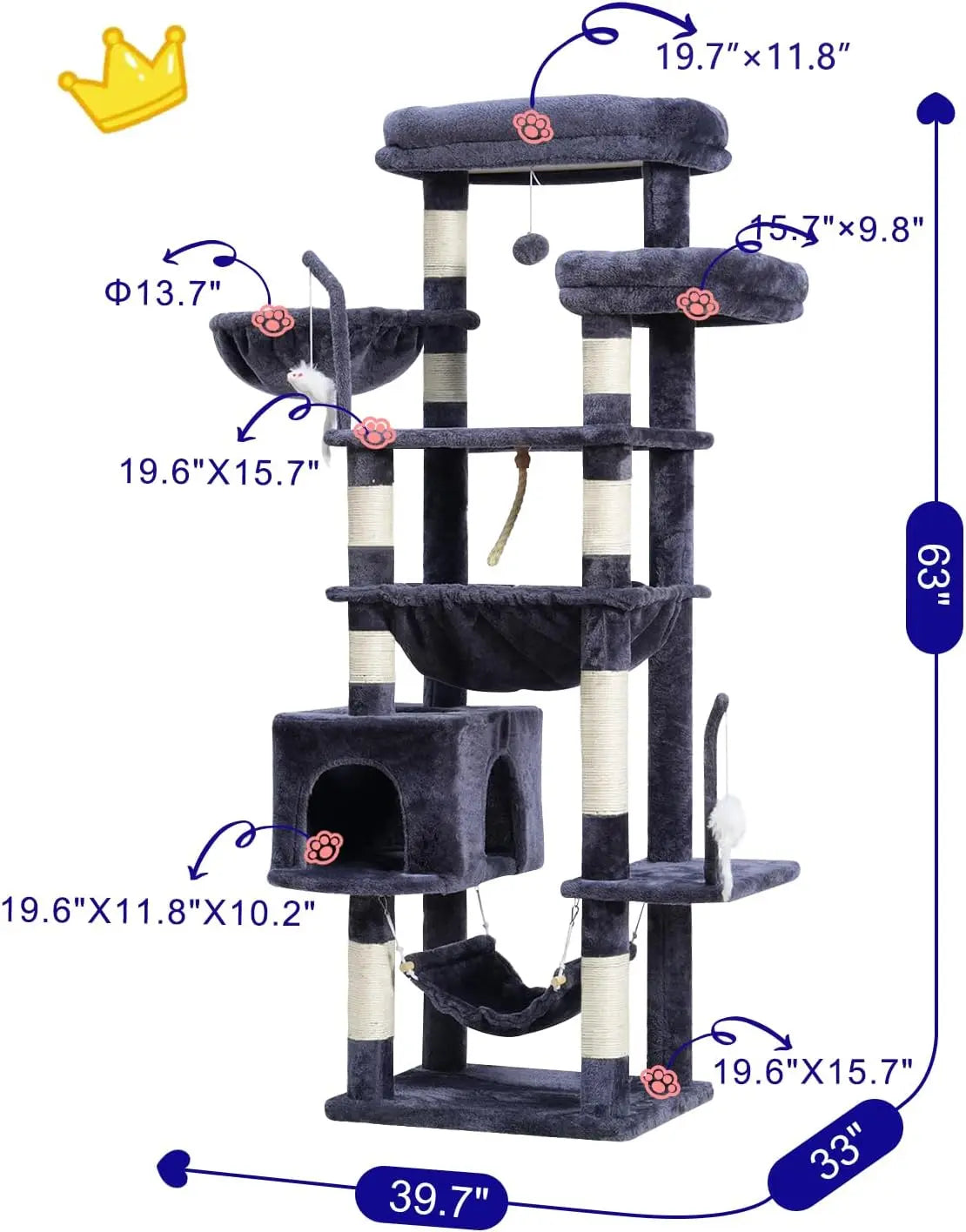 Large Cat Tree With Dual Platforms And 63 Scratching Posts