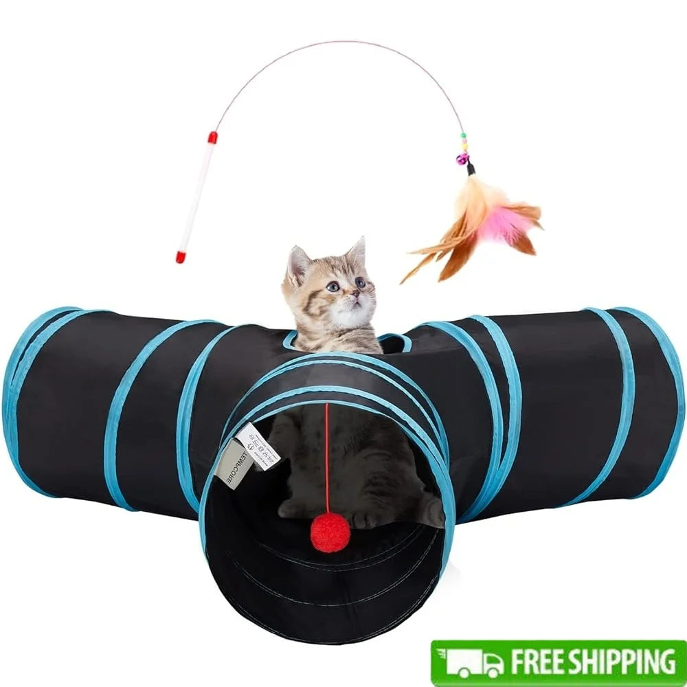 3 Way Cat Tunnel With Peephole Ball Toy Indoor Collapsible