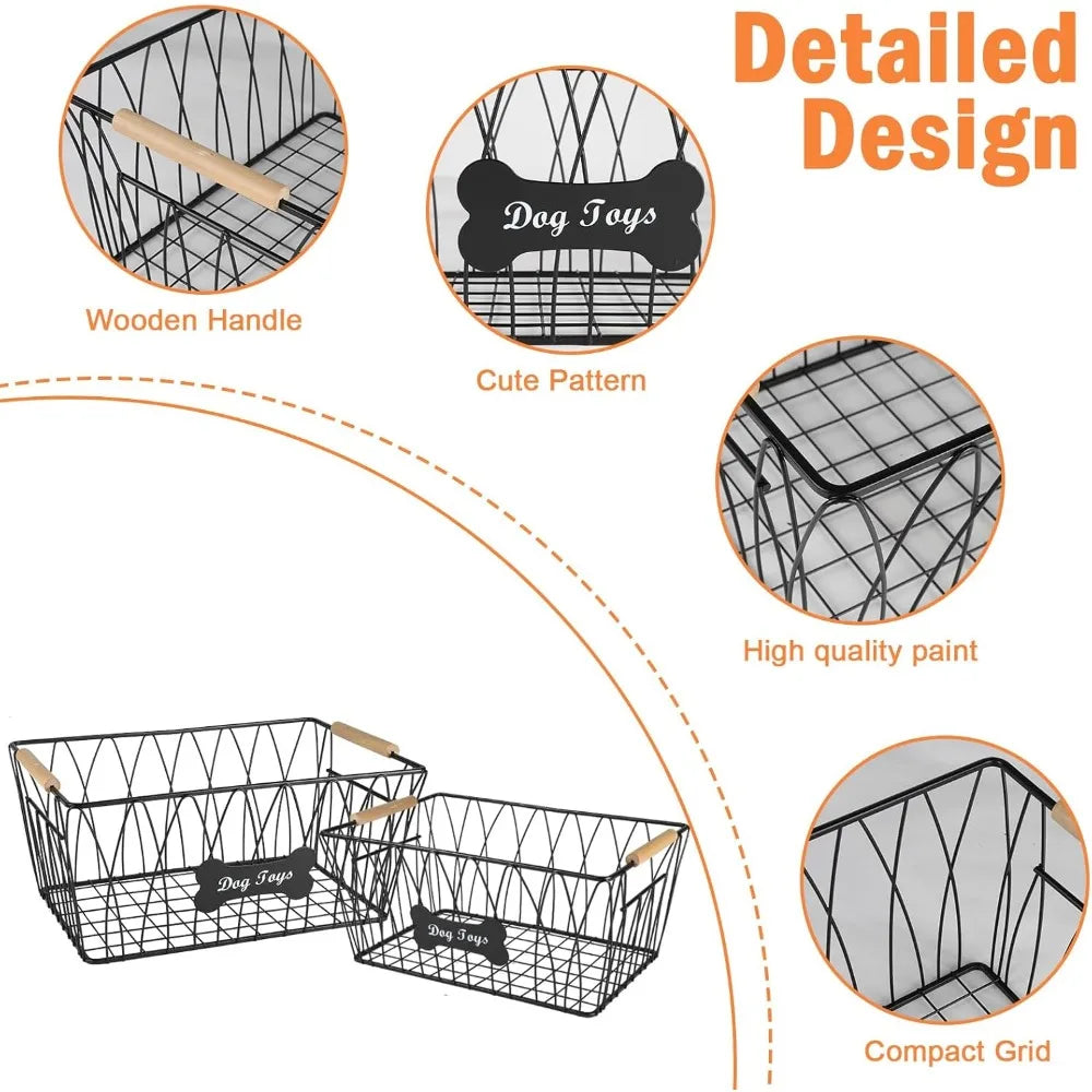 Metal Dog Toy Basket With Wooden Handle Large Capacity