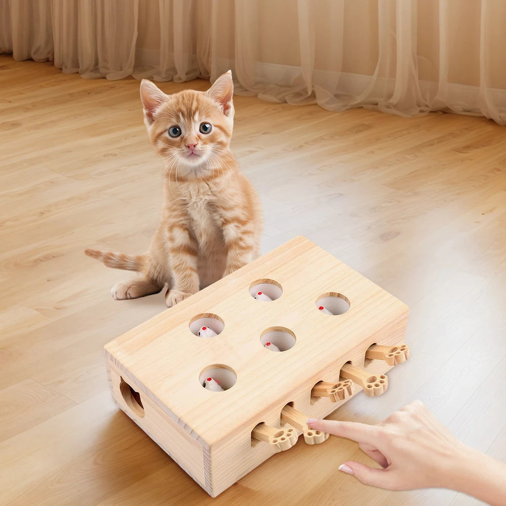 Wooden Cat Toy Interactive Whack A Mole Brain Teaser Box