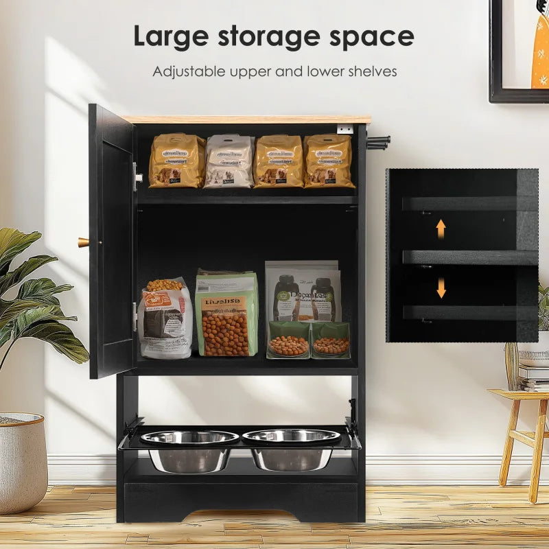 Black Storage Cabinet With Elevated Dog Bowls And Feeder