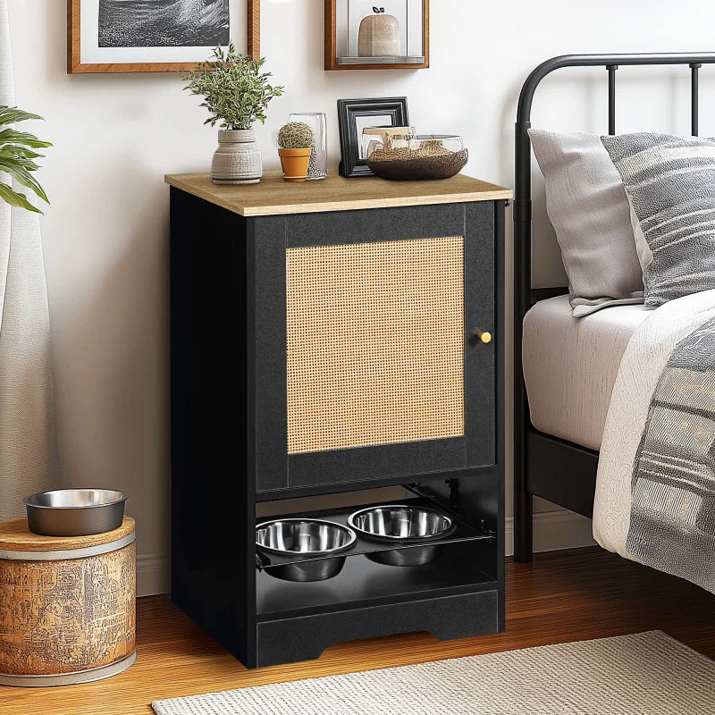 Black Storage Cabinet With Elevated Dog Bowls And Feeder