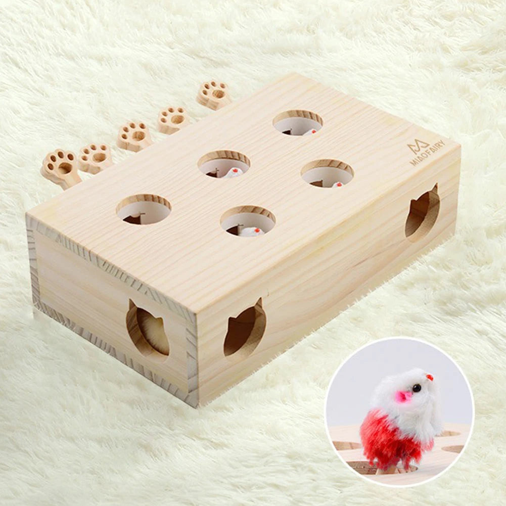 Wooden Cat Toy Interactive Whack A Mole Brain Teaser Box