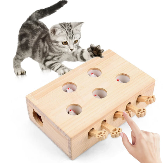Wooden Cat Toy Interactive Whack A Mole Brain Teaser Box