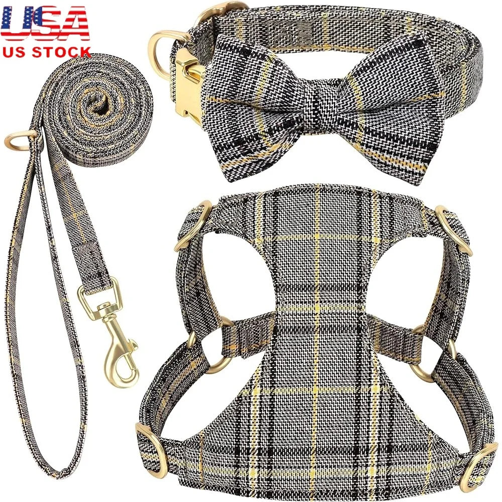 Cute Small Dog Harness Adjustable Plaid Collar Leash Bowtie