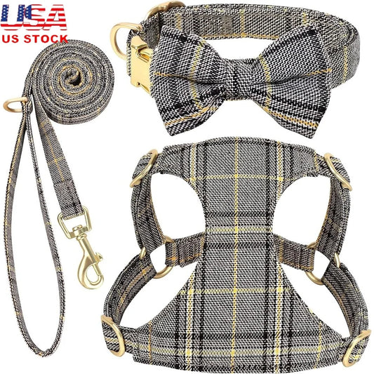 Cute Small Dog Harness Adjustable Plaid Collar Leash Bowtie
