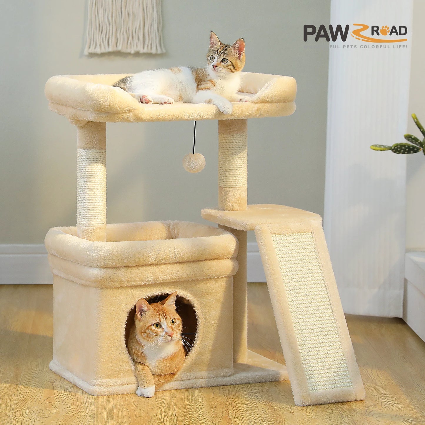 PAWZ Road Small Cat Tree for Indoor Cats Three Tier Tower with Sisal Scratching Post Wide Top Perch and Cat Condo