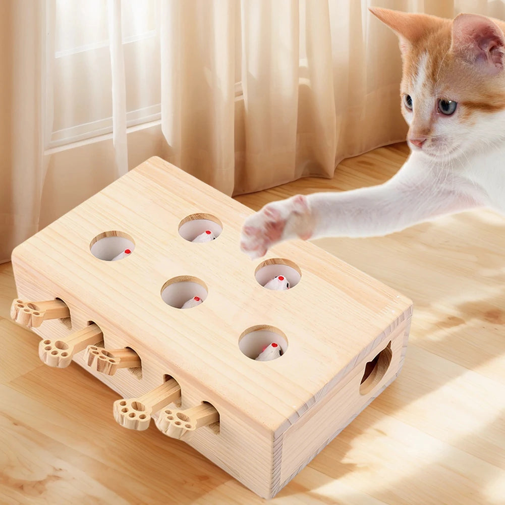 Wooden Cat Toy Interactive Whack A Mole Brain Teaser Box