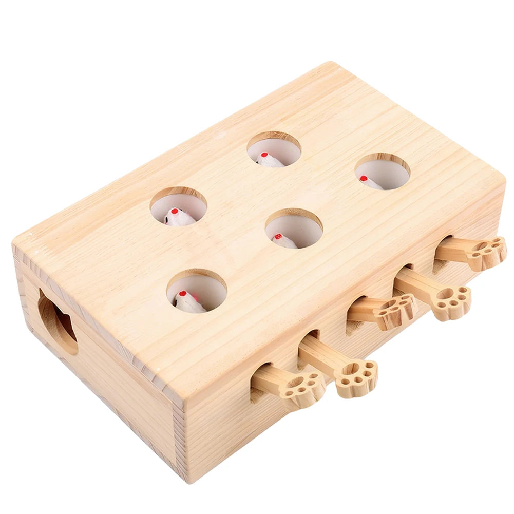 Wooden Cat Toy Interactive Whack A Mole Brain Teaser Box