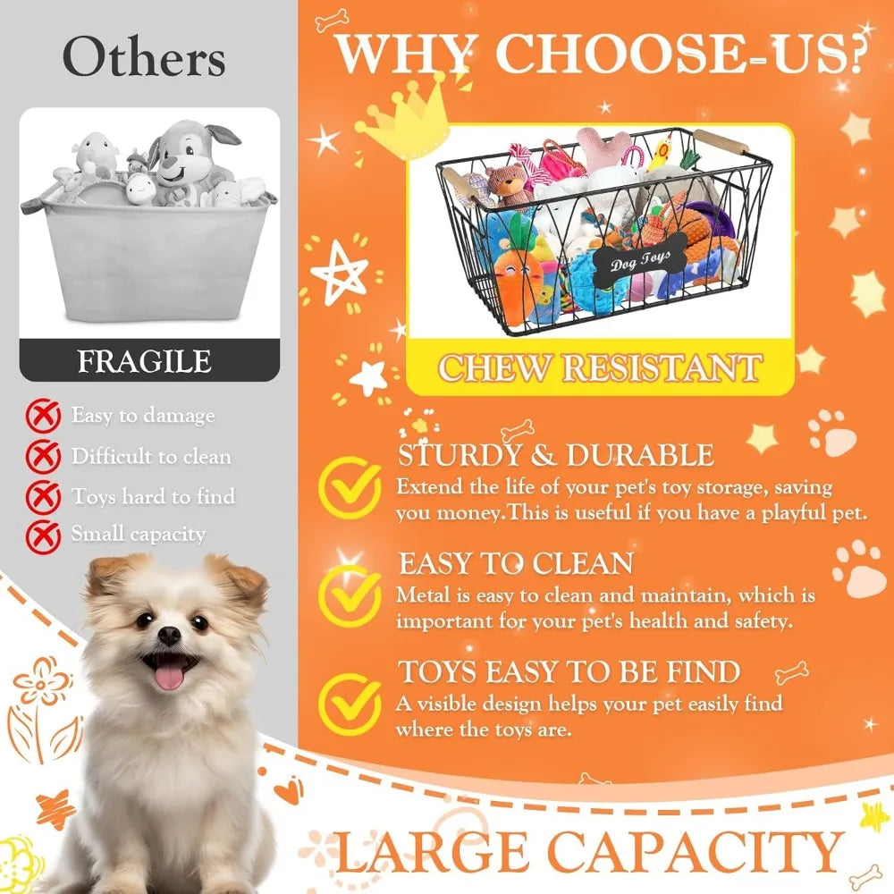 Metal Dog Toy Basket With Wooden Handle Large Capacity