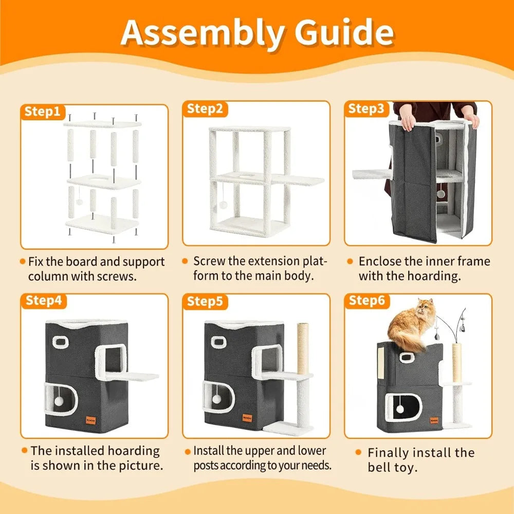 Dark Grey Indoor Cat Bed Tower with Scratcher Pad Hideaway