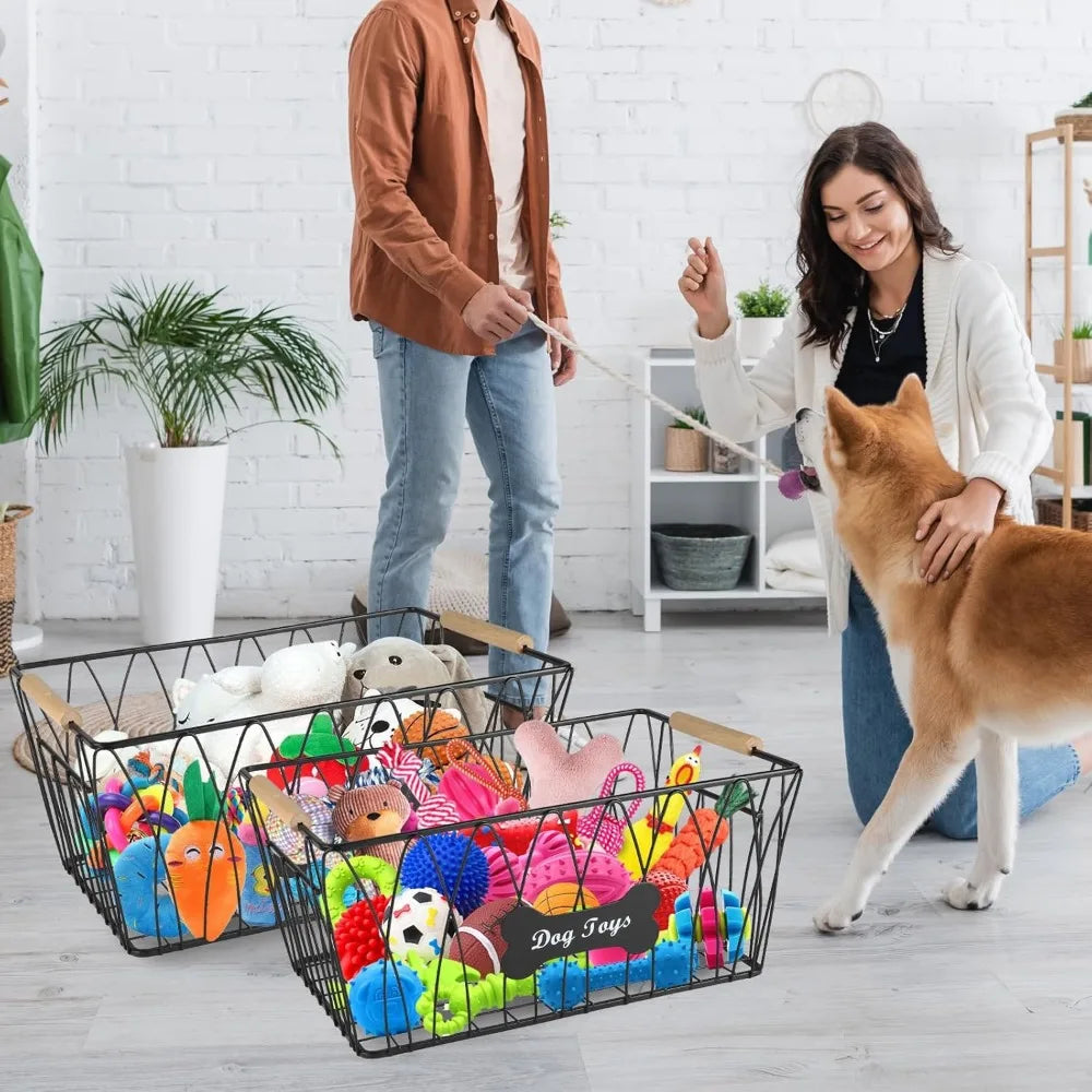 Metal Dog Toy Basket With Wooden Handle Large Capacity