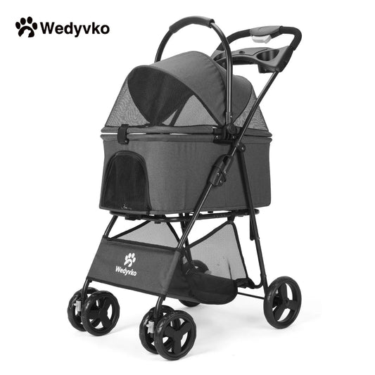 Wedyvko Luxury Detachable Pet Stroller With Cup Holder Four Wheel Travel Dog Cart Outdoor Carrier Bag