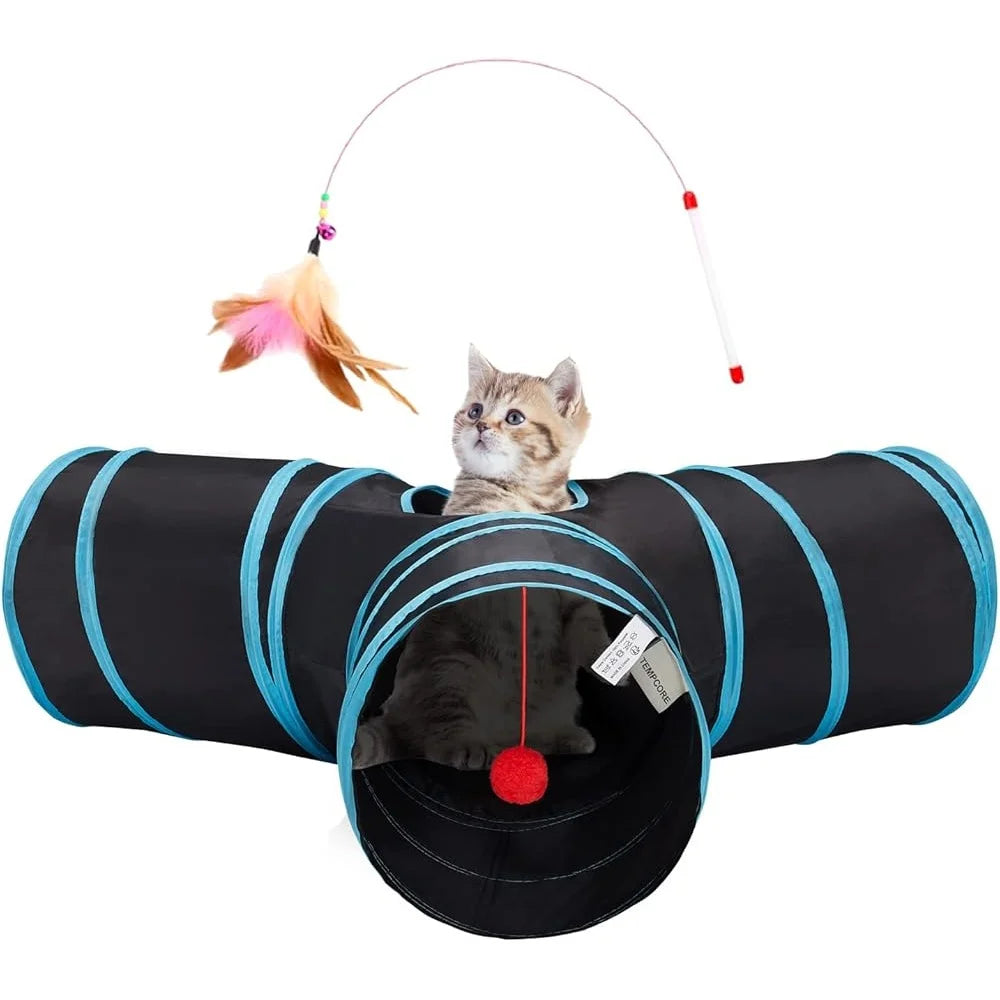 3 Way Cat Tunnel With Peephole Ball Toy Indoor Collapsible