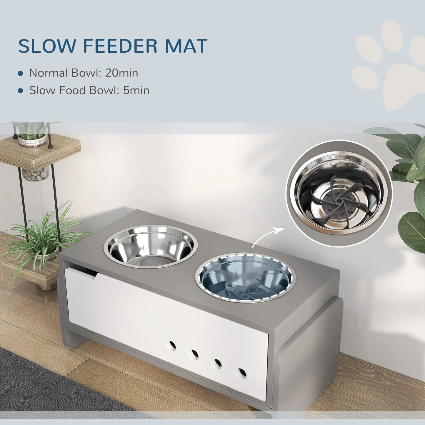 Elevated Adjustable Dog Bowls With Slow Feeder Mat Stand