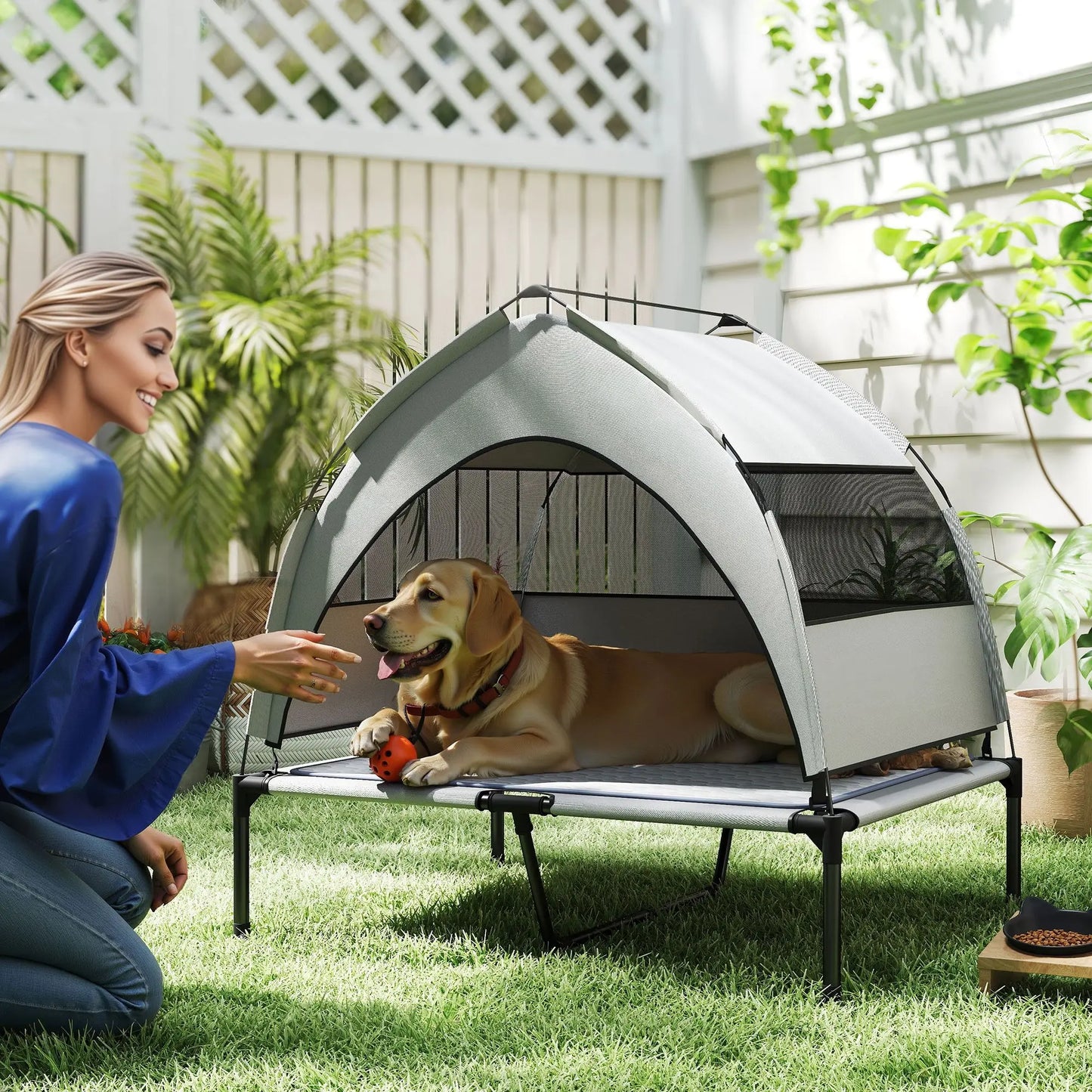 Outdoor Elevated Dog Bed With Removable Canopy Cooling Pad