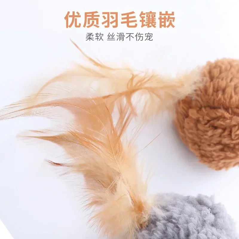 Cat Plush Ball With Feathers Interactive Toy For Pets