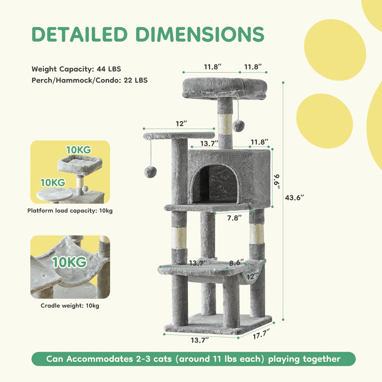 JHK 44 Inch Tall Multi Cat Climbing Tree With Sisal Posts