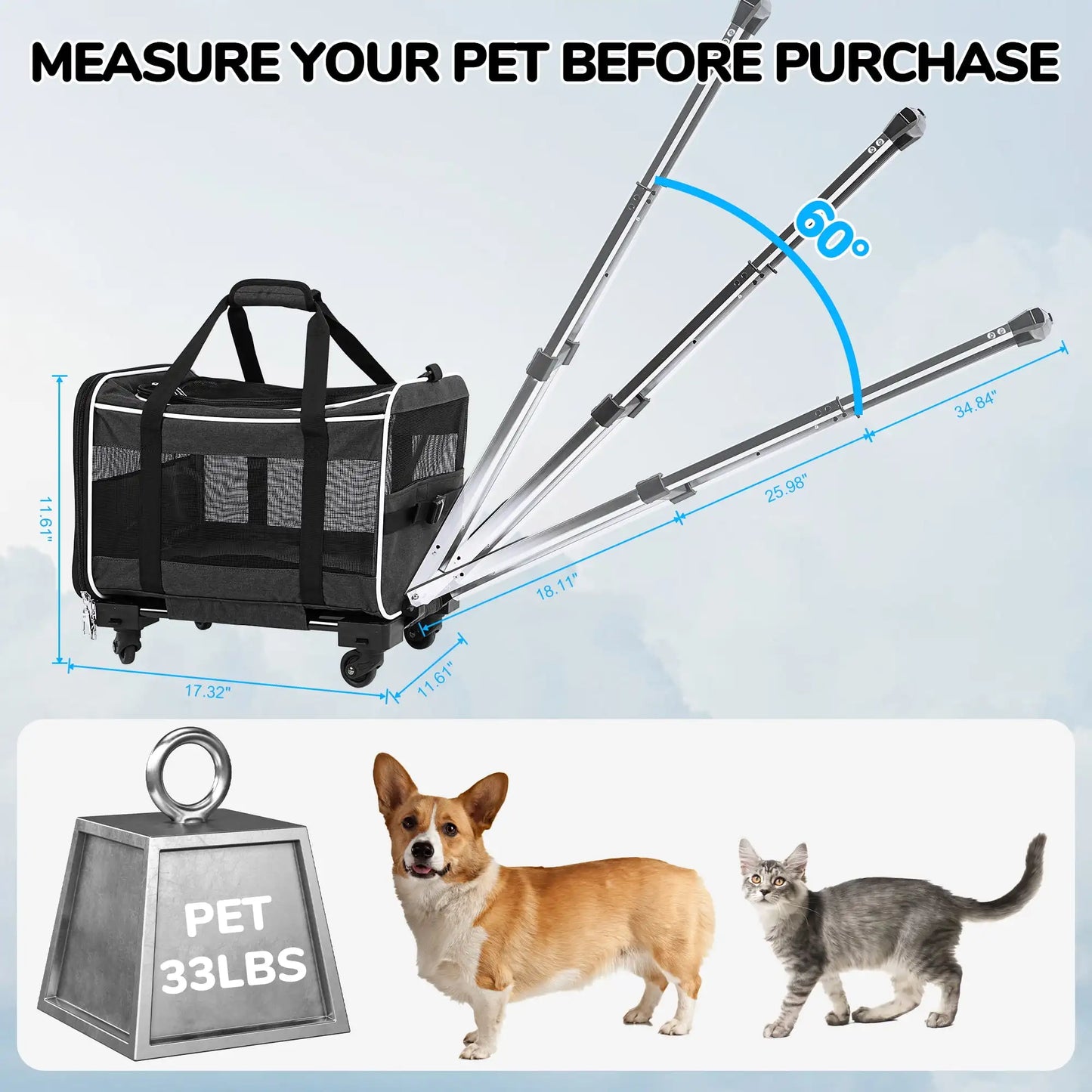 Pet Carrier with Wheels for Dogs and Cats for Travel Flight Camping Outdoor