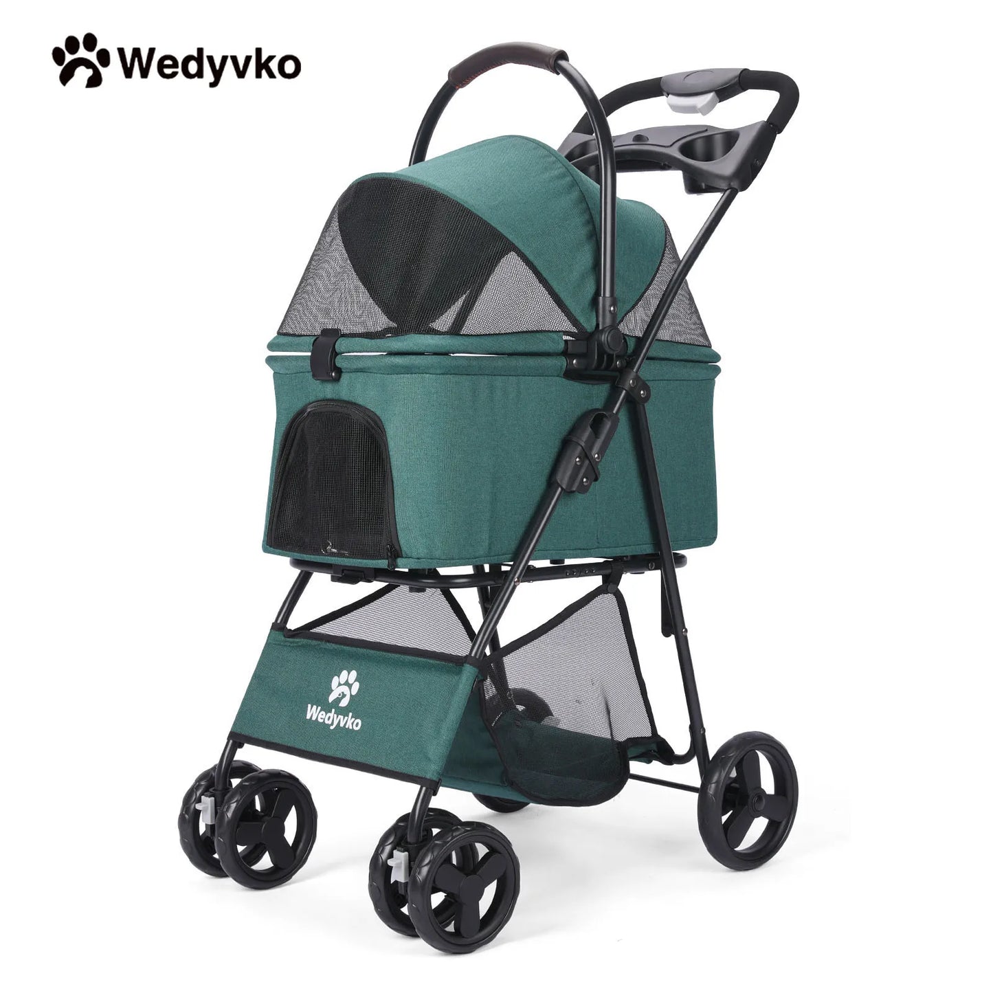 Wedyvko Luxury Detachable Pet Stroller With Cup Holder Four Wheel Travel Dog Cart Outdoor Carrier Bag