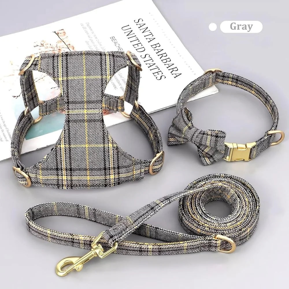 Cute Small Dog Harness Adjustable Plaid Collar Leash Bowtie
