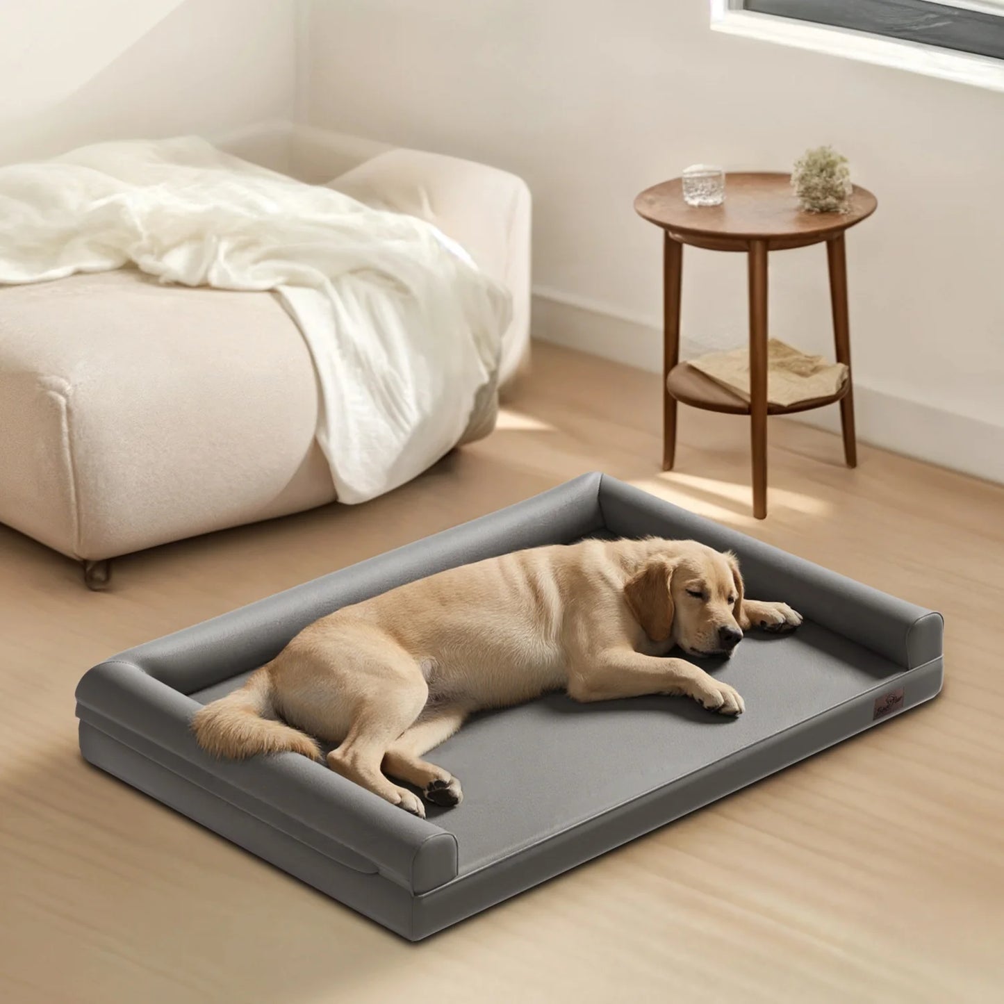Microfiber Leather Dog Bed With Bolster And Foam Base
