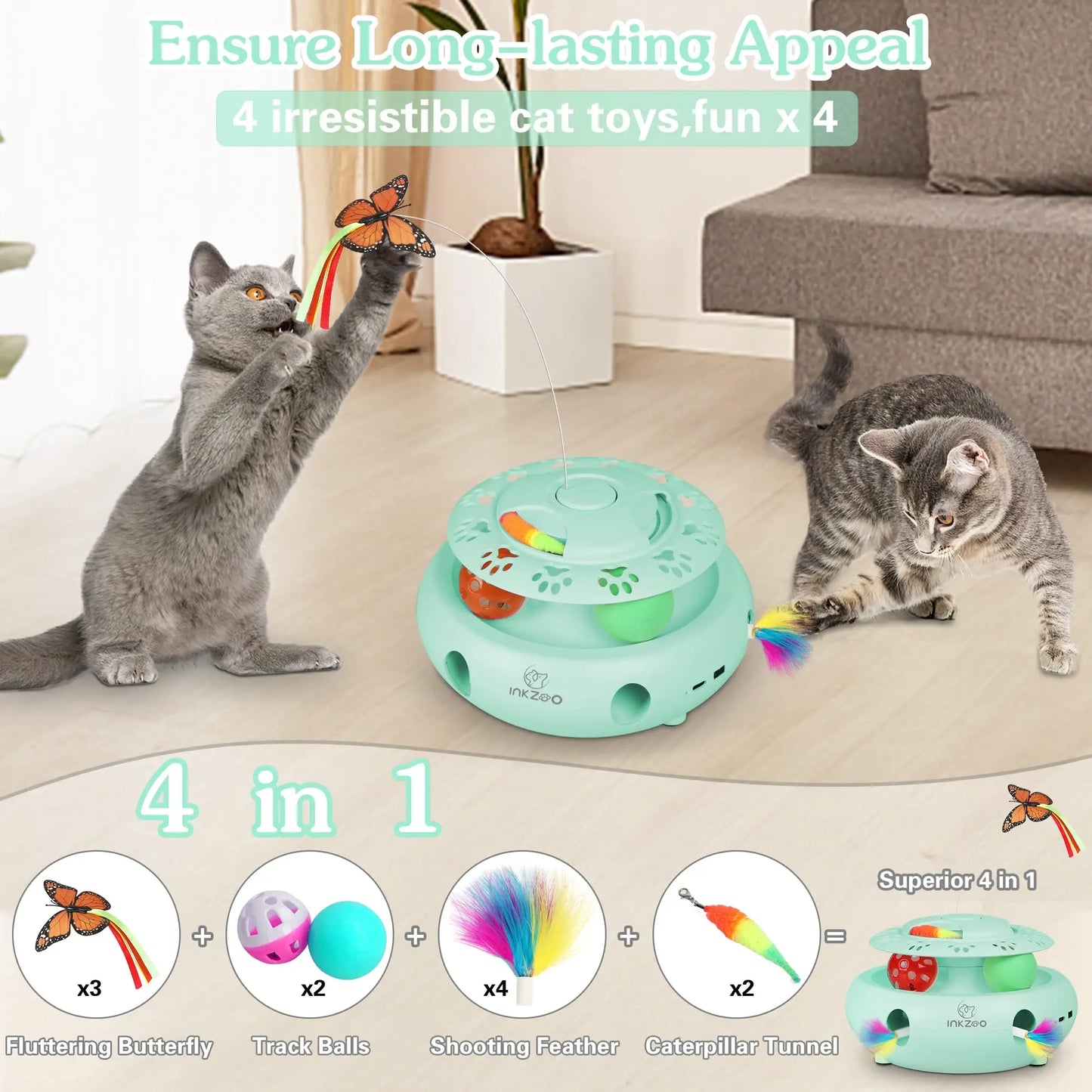 INKZOO 4 In 1 Interactive Cat Toys Indoor Cats USB