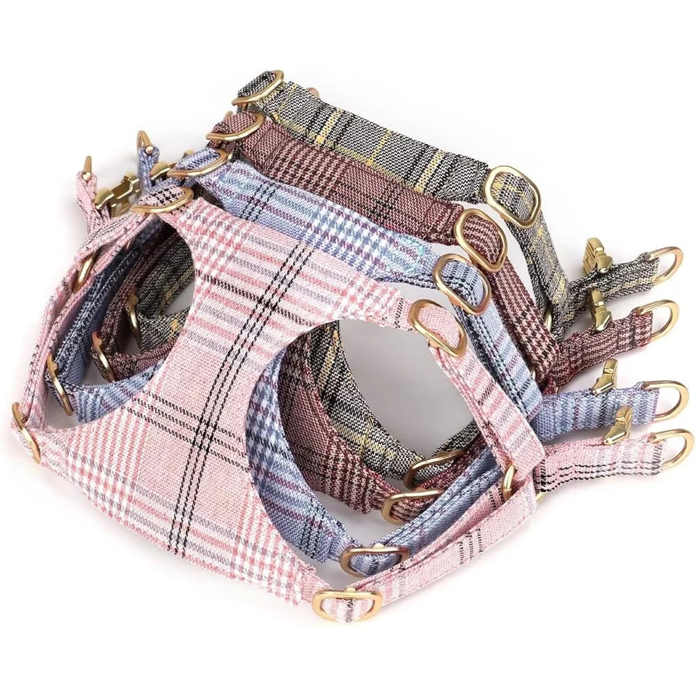 Cute Small Dog Harness Adjustable Plaid Collar Leash Bowtie