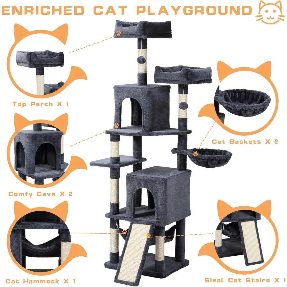 Cat Tree 70 Inch Tree Tower With Hammock Scratching Post Condo And Multi Level Tower Large Activity Center Playhouse