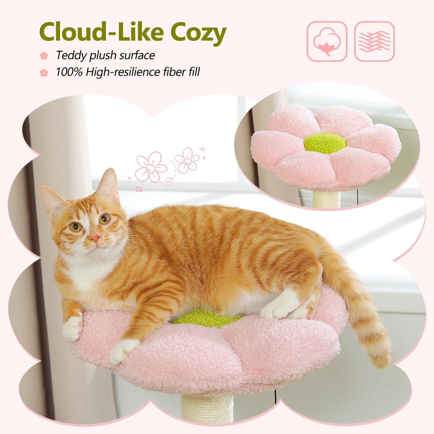 PAWZ Road Flower Cat Tree With Sisal Scratching Post Large Hammock Soft Top Perch Three Layer Cat Tower For Indoor Cats