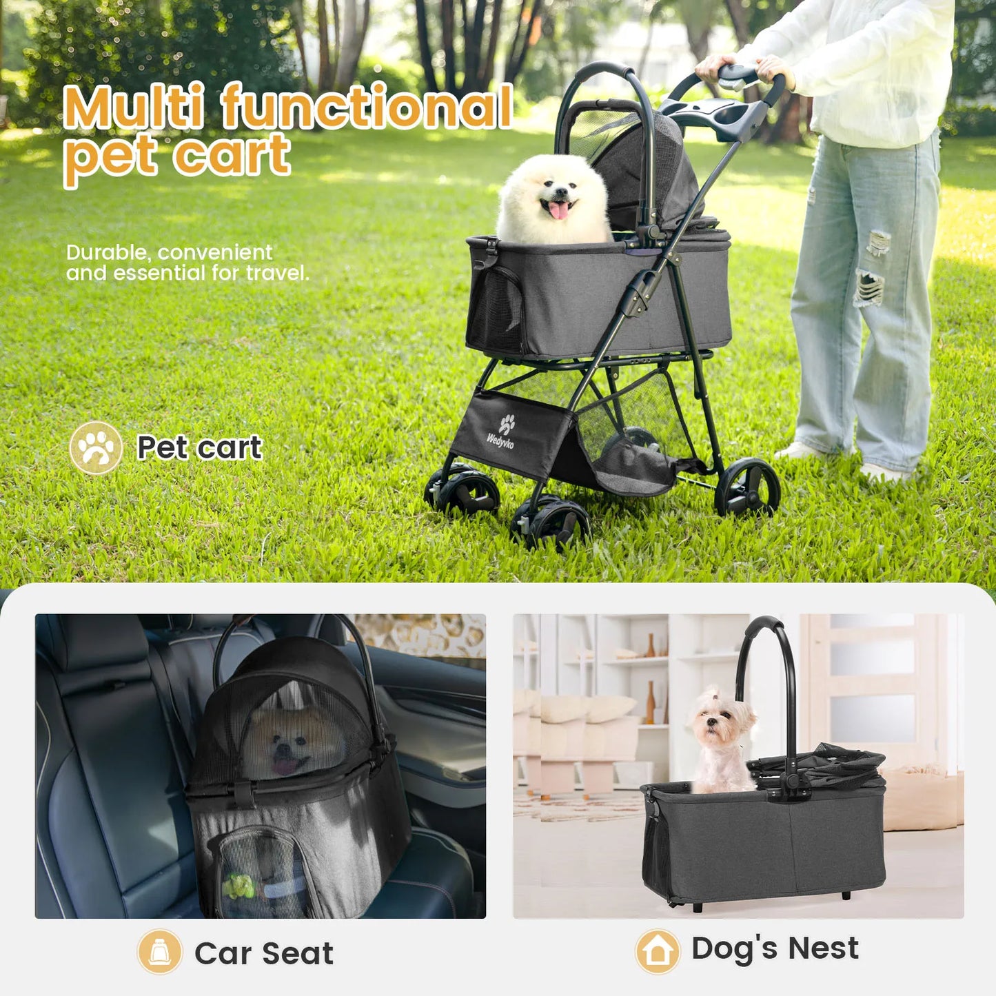 Wedyvko Luxury Detachable Pet Stroller With Cup Holder Four Wheel Travel Dog Cart Outdoor Carrier Bag