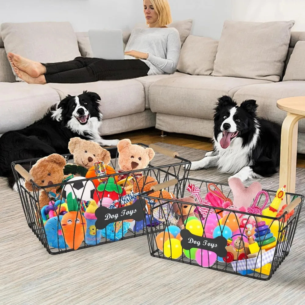 Metal Dog Toy Basket With Wooden Handle Large Capacity