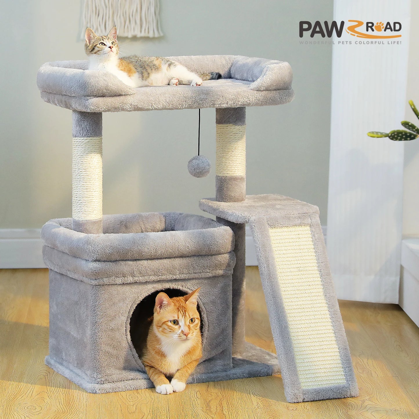 PAWZ Road Small Cat Tree for Indoor Cats Three Tier Tower with Sisal Scratching Post Wide Top Perch and Cat Condo