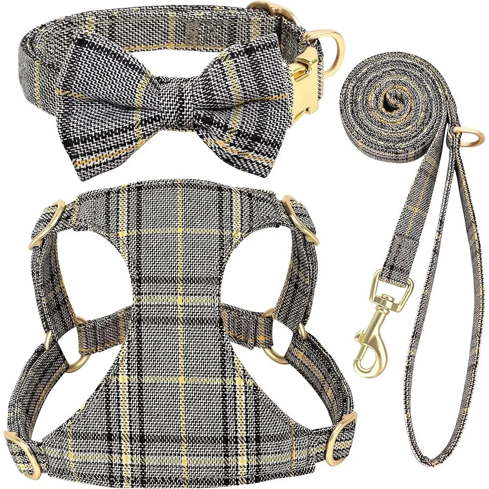 Cute Small Dog Harness Adjustable Plaid Collar Leash Bowtie
