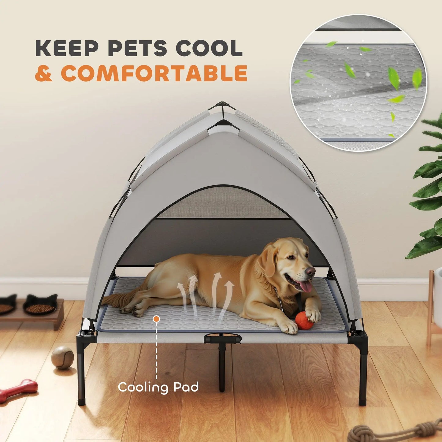 Outdoor Elevated Dog Bed With Removable Canopy Cooling Pad