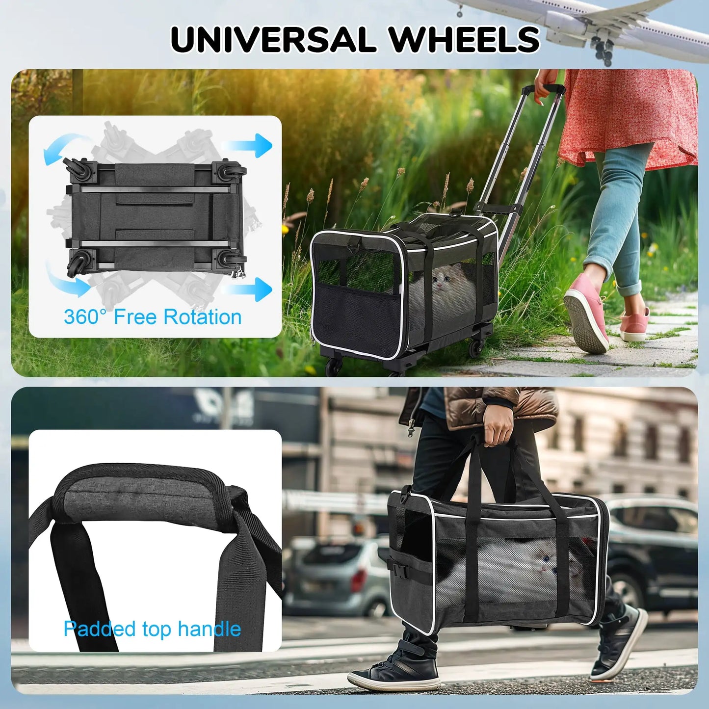 Pet Carrier with Wheels for Dogs and Cats for Travel Flight Camping Outdoor