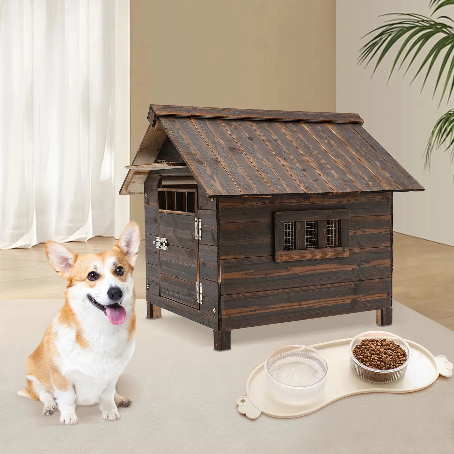 Wooden Dog House With Window And Door For Indoor Outdoor