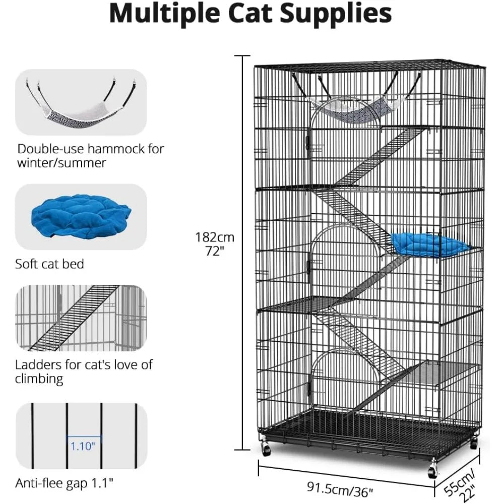 6-Tier Large Cat Cage Playpen, 72-inch Indoor/Outdoor Enclosure with 3 Doors, Hammock, Suitable for Cats, Kittens,