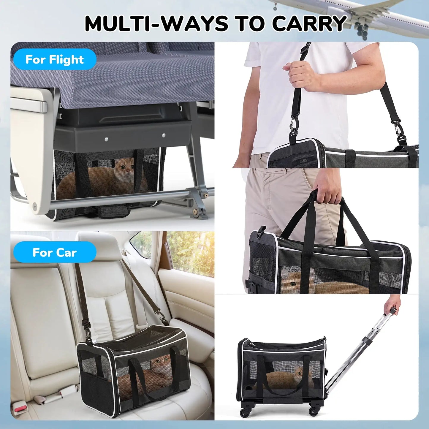 Pet Carrier with Wheels for Dogs and Cats for Travel Flight Camping Outdoor