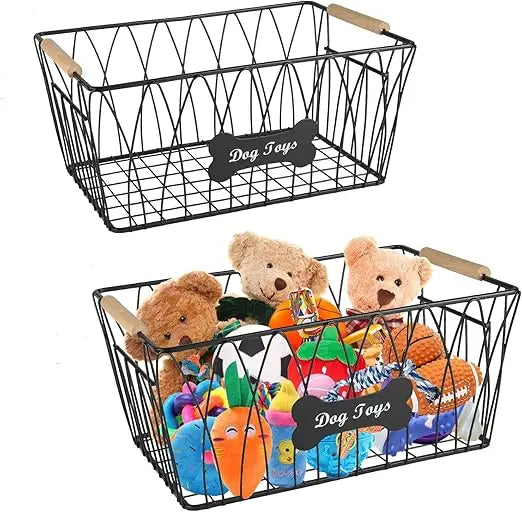 Metal Dog Toy Basket With Wooden Handle Large Capacity