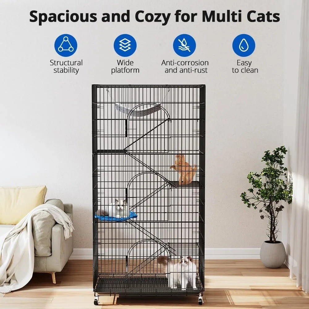 6-Tier Large Cat Cage Playpen, 72-inch Indoor/Outdoor Enclosure with 3 Doors, Hammock, Suitable for Cats, Kittens,
